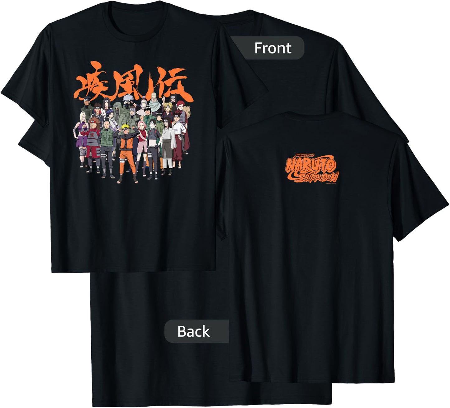 Naruto Shippuden Cast Group with Logo Front and Back Anime T-Shirt - T-Shirt | Black