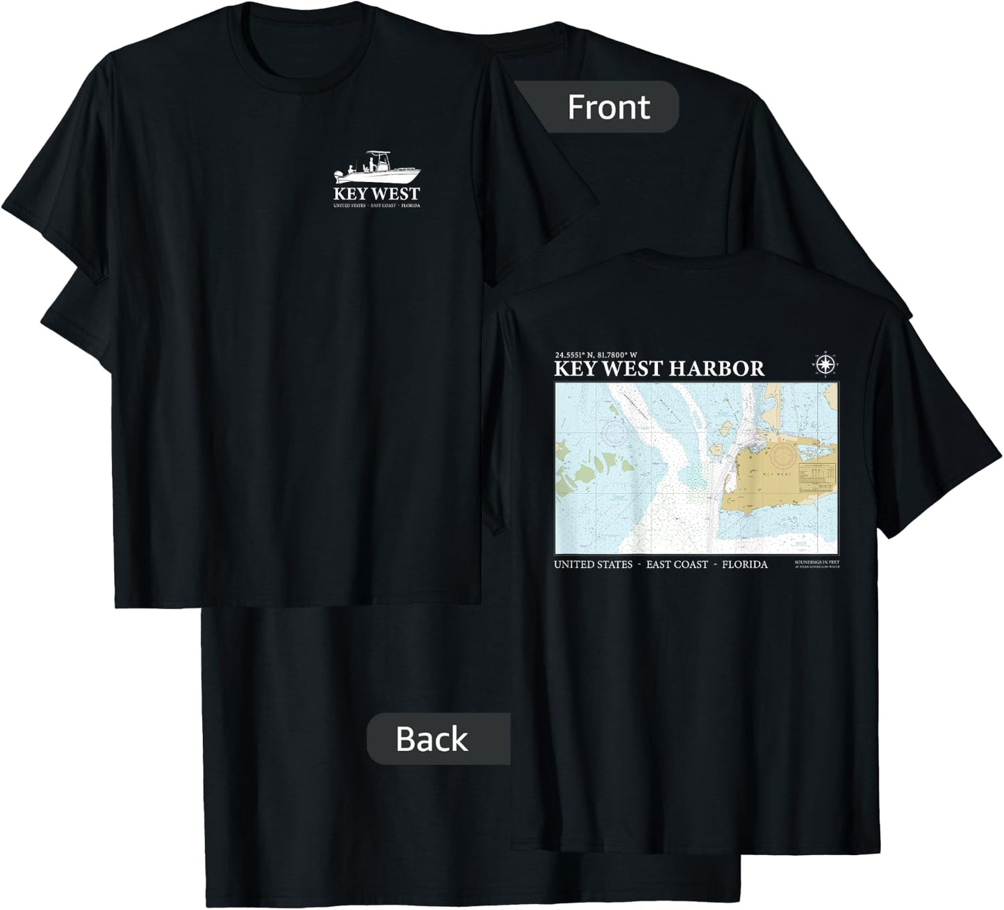 Key West Harbor Navigational Nautical Chart Florida Fishing T-Shirt - T-Shirt | Black