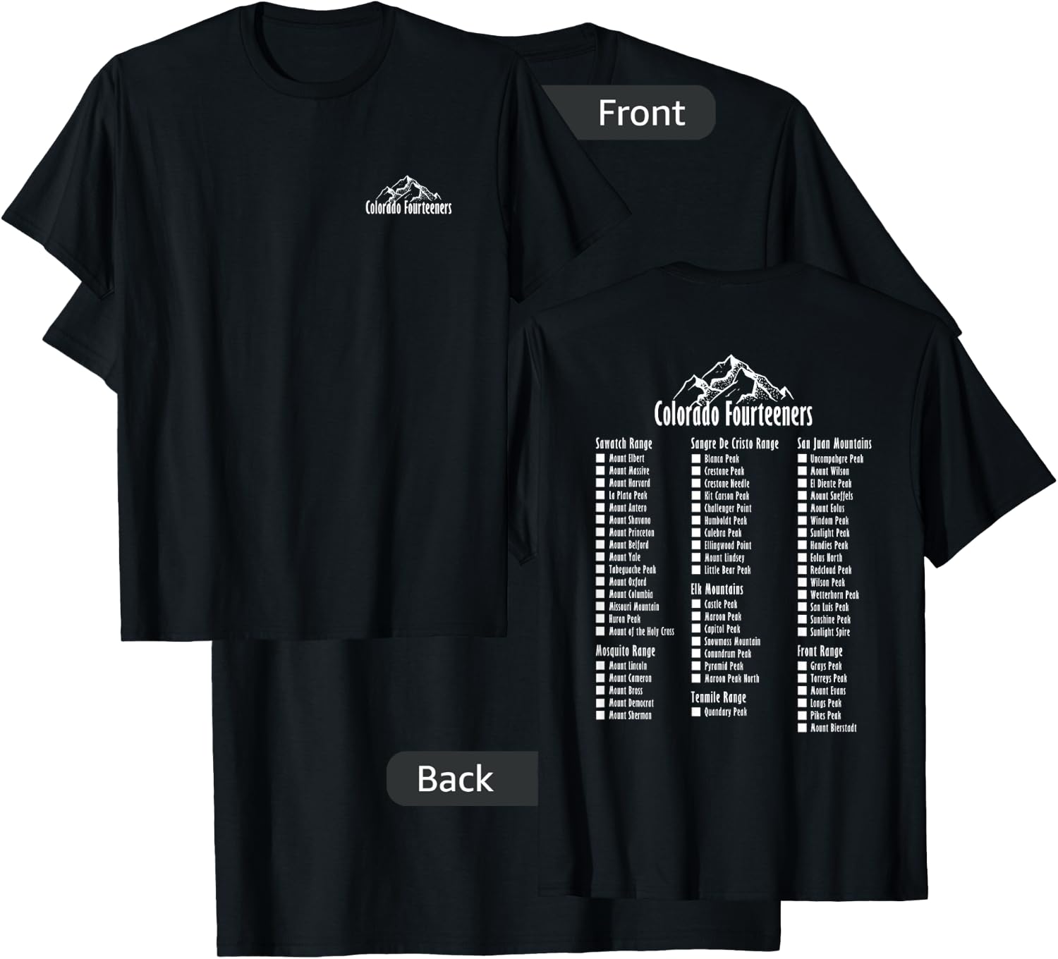 Colorado Fourteeners 2 Sided Checklist 14ers T-Shirt - T-Shirt | Black