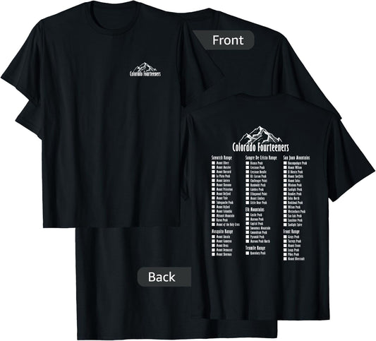 Colorado Fourteeners 2 Sided Checklist 14ers T-Shirt - T-Shirt | Black
