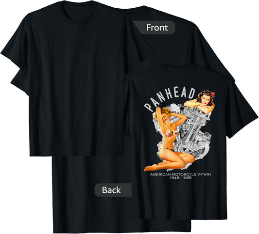 HD PanHead Retro Pinup V-Twin Engine Motorcycle 1948 Biker T-Shirt - T-Shirt | Black