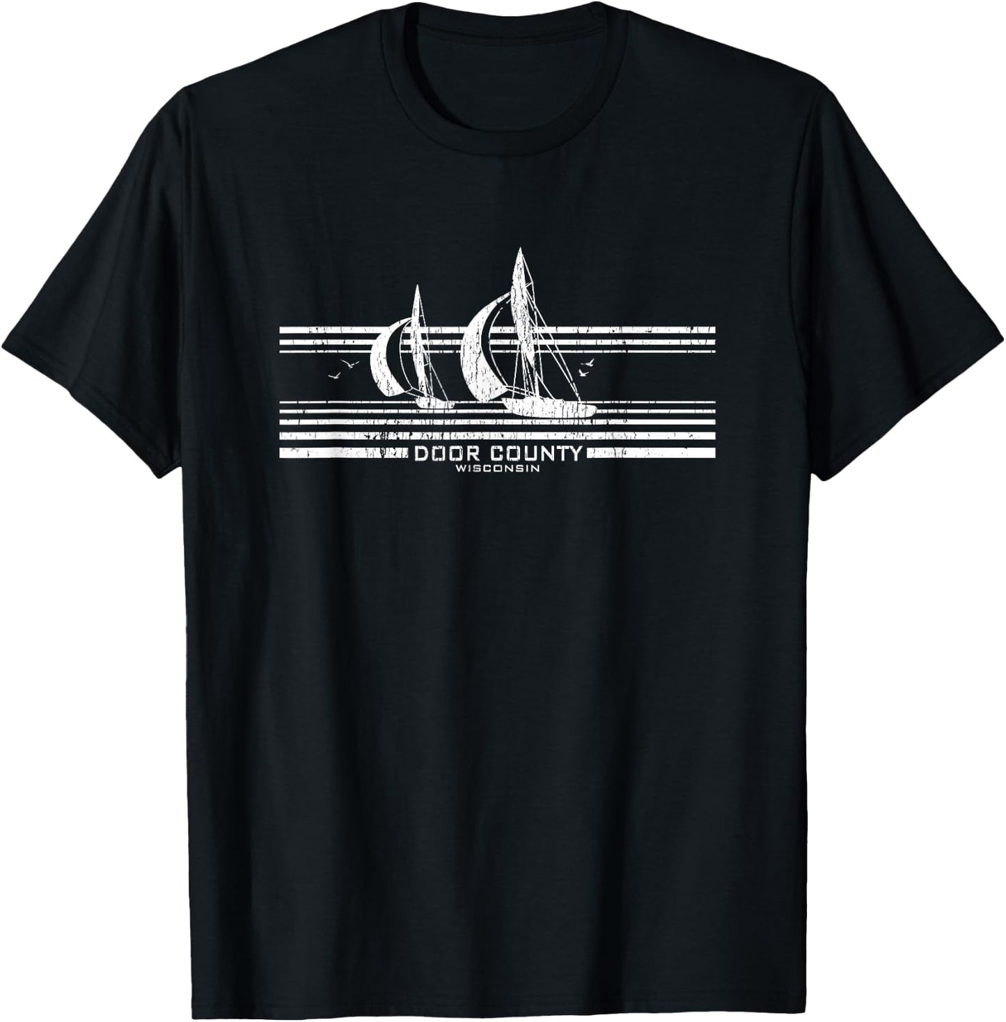 Door County WI Sailboat Vintage 70s T-Shirt - T-Shirt | Black