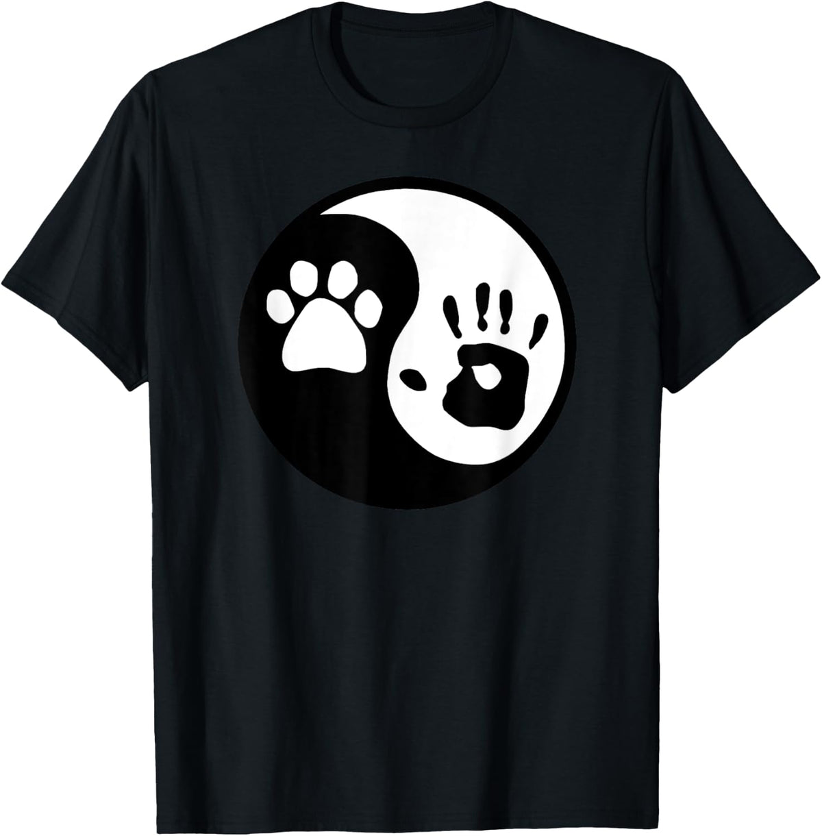 Dog Paw and Human Hand Print Yin Yang T-Shirt - T-Shirt | Black