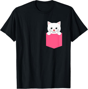 Pink White Kitten in a Pocket Shirt for Teen Girls and Women T-Shirt - T-Shirt | Black