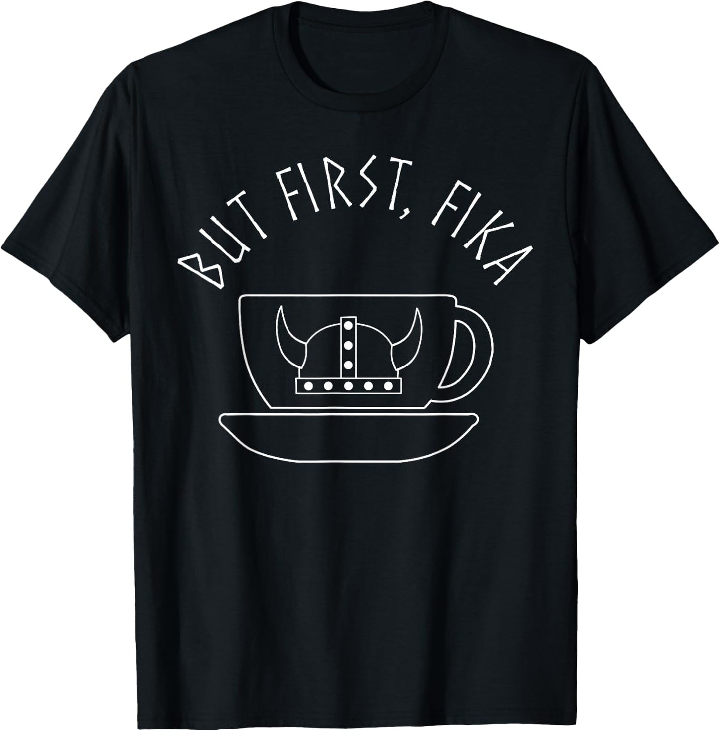 But First Fika Scandinavian Coffee Break Viking Hat T-Shirt - T-Shirt | Black