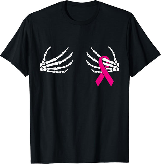 Skeleton Hands Breast Cancer Awareness Month Pink Ribbon T-Shirt - T-Shirt | Black