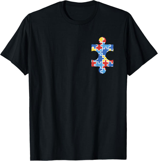 Autism Awareness Puzzle Piece Pocket Shirt Autistic Gift T-Shirt - T-Shirt | Black