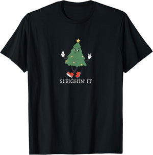 Sleighin' It Funny Christmas Tree Peace Holidays T-Shirt - T-Shirt | Black
