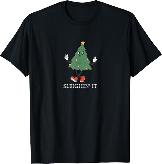 Sleighin' It Funny Christmas Tree Peace Holidays T-Shirt - T-Shirt | Black