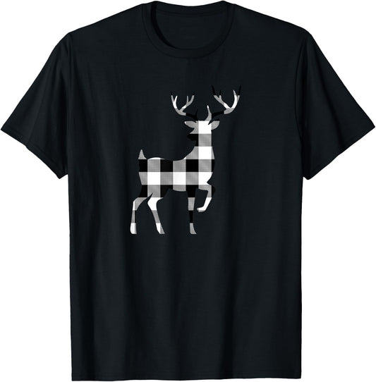 Plaid Reindeer Silhouette Minimal Winter Christmas Style T-Shirt - T-Shirt | Black