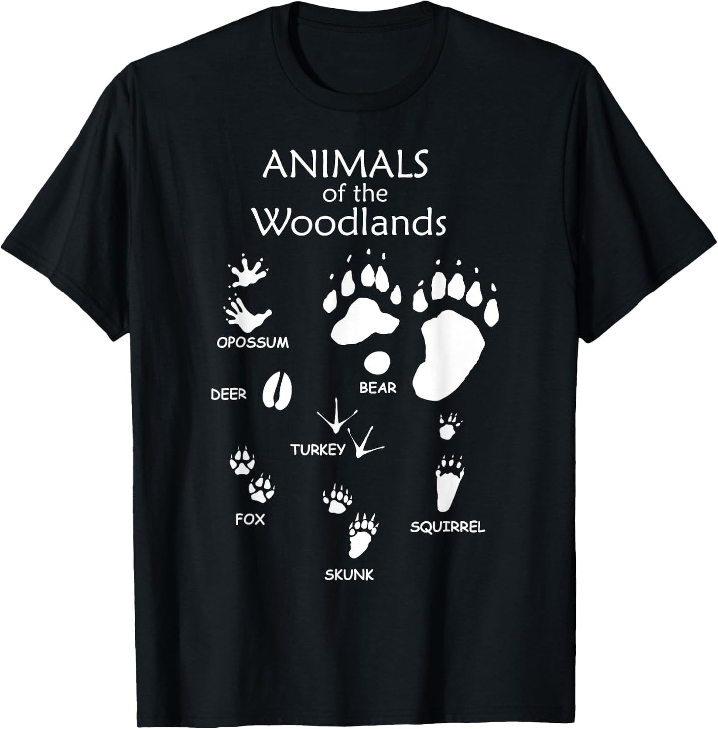 Woodland Cute Animal Paw Print Shirt, Bear Fox Skunk Turkey T-Shirt - T-Shirt | Black