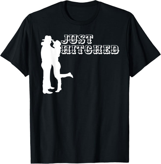 Just Hitched Cowboy Honeymoon Newly Wedded Matching Design T-Shirt - T-Shirt | Black