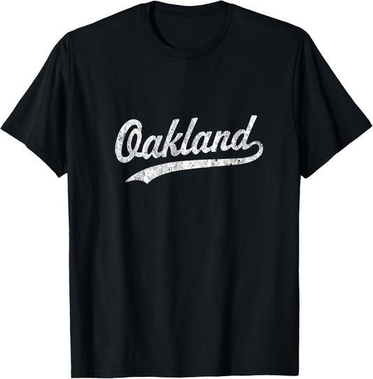 Oakland CA Vintage Baseball Sports Script T-Shirt - T-Shirt | Black