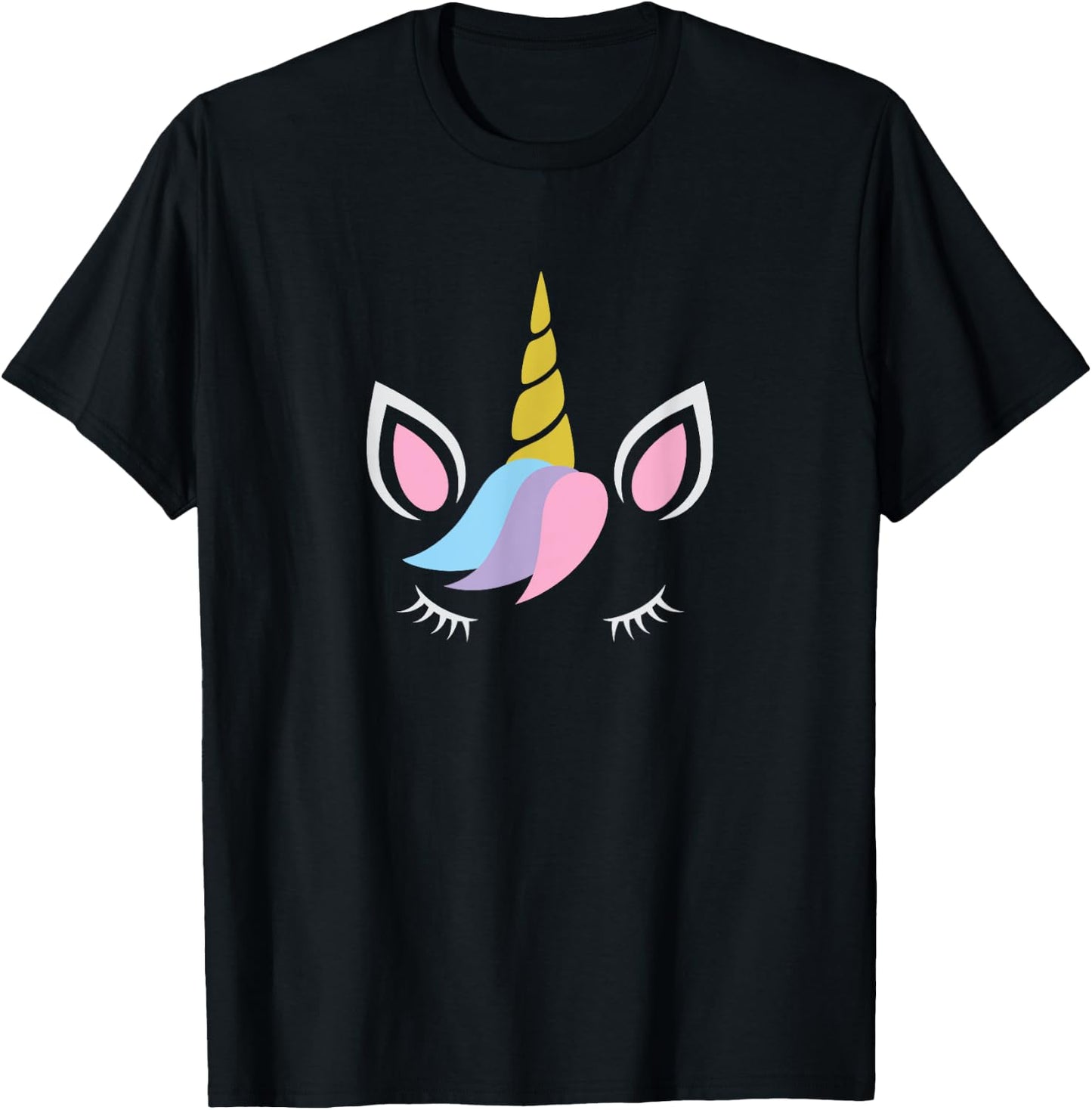 Unicorn Face And Eye Lashes With Colorful Pink Blue Hair T-Shirt - T-Shirt | Black