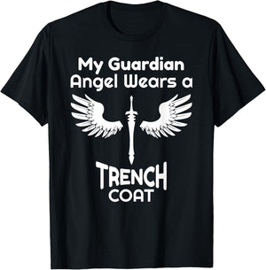 My Guardian Angel Wears a Trench Coat Funny Graphic T-Shirt - T-Shirt | Black
