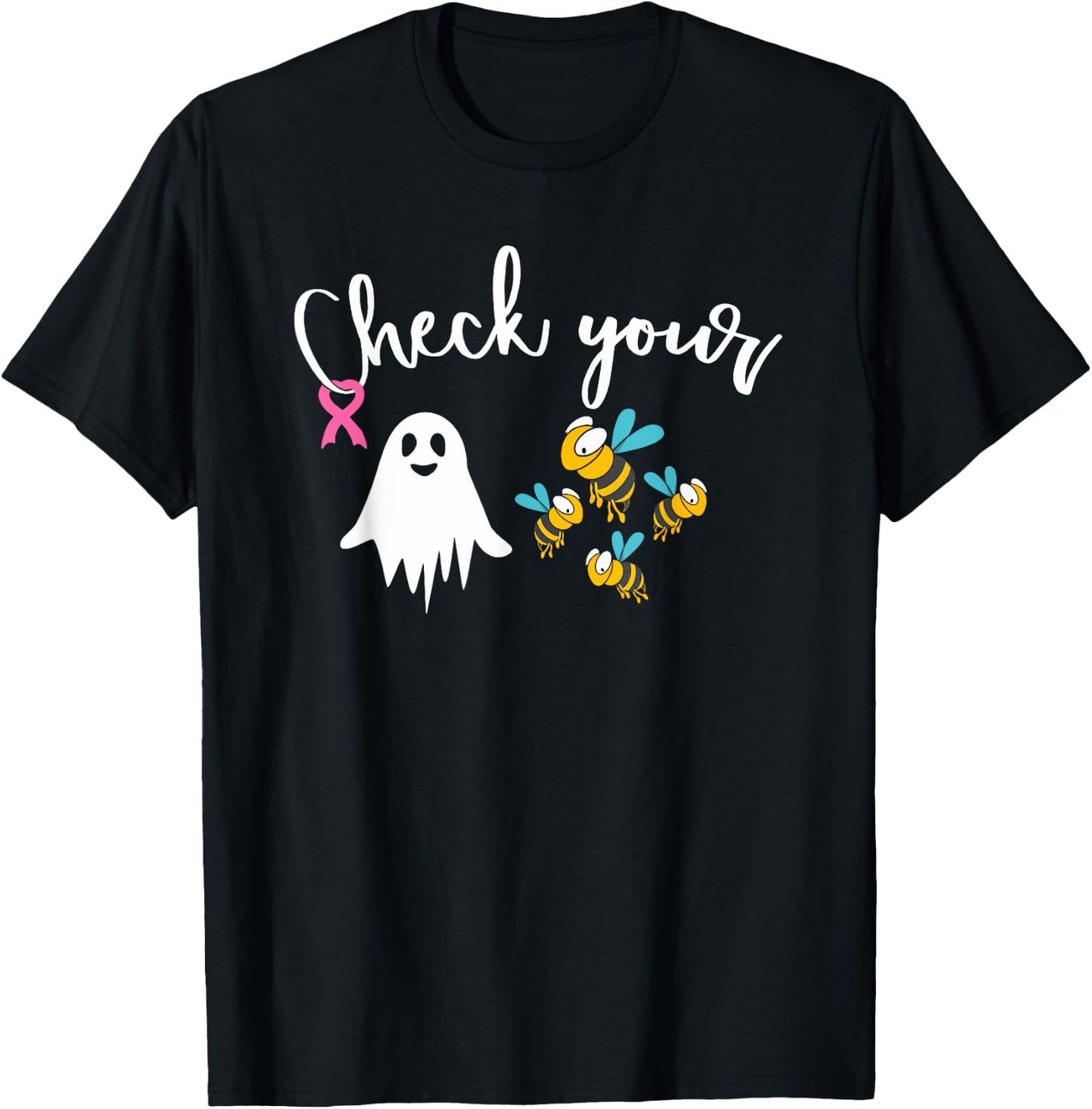 Check Your Boo Bees Breast Cancer Awareness Pink Ribbon T-Shirt - T-Shirt | Black
