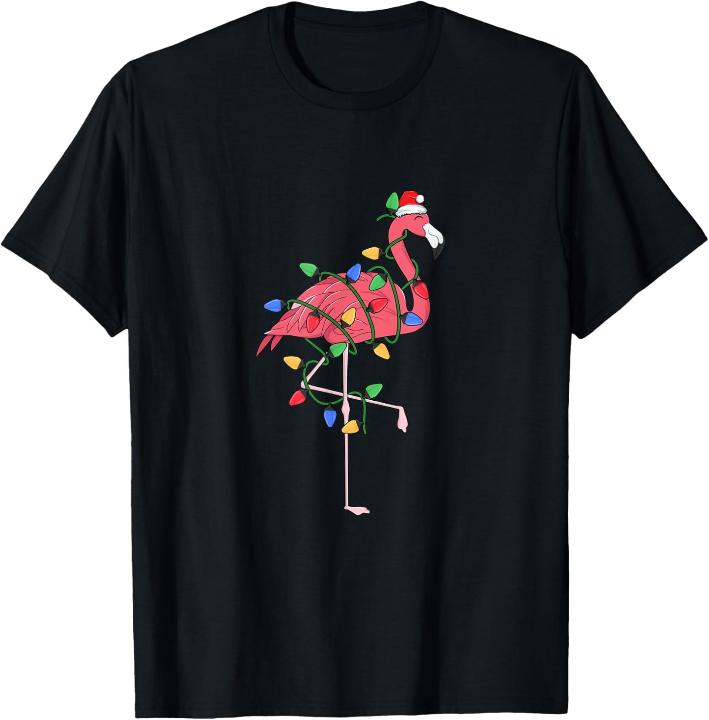 Flamingo Christmas Tree Lights Xmas Kawaii Pink Bird Lover T-Shirt - T-Shirt | Black
