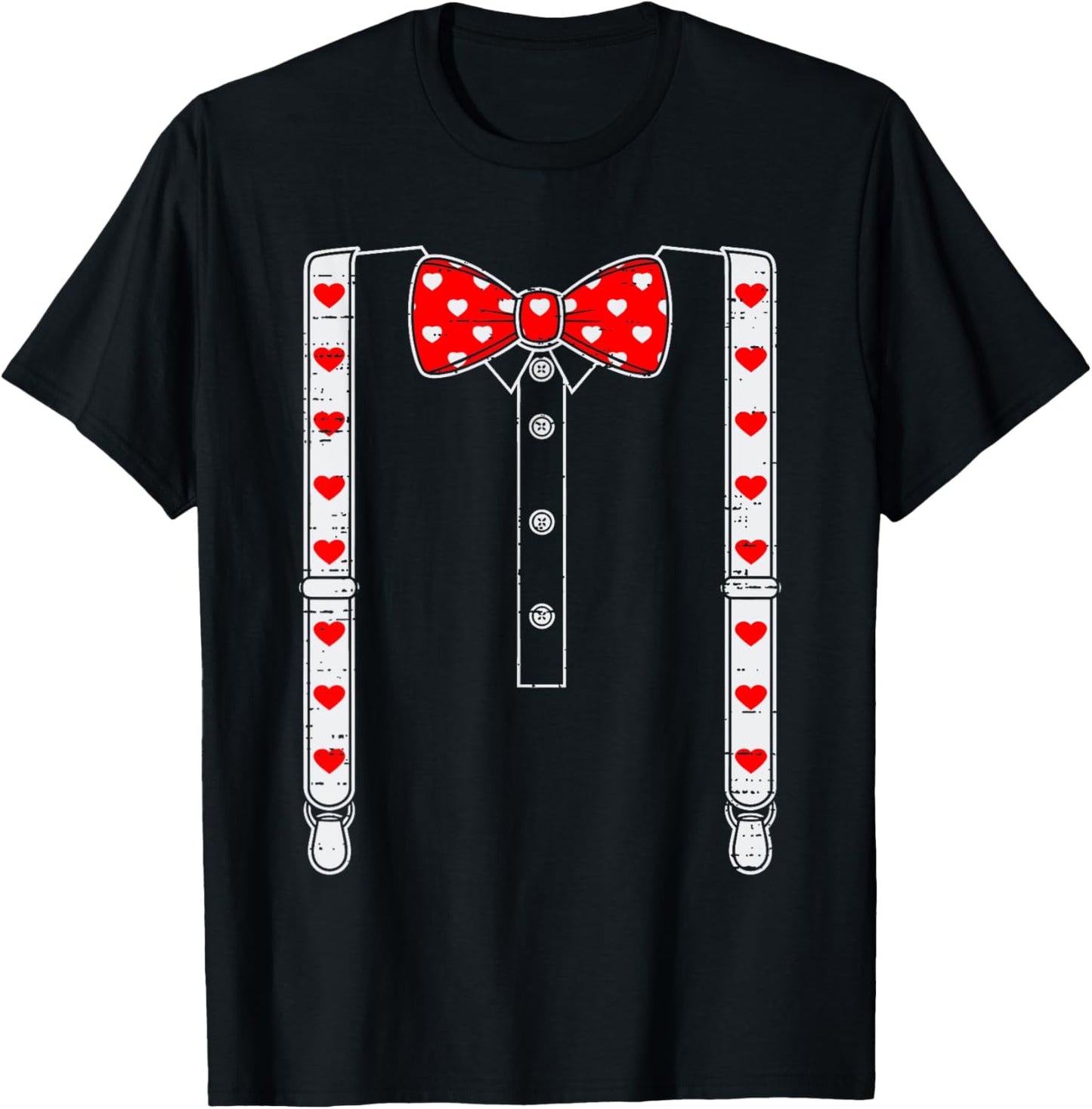 Valentines Day Suspenders And Hearts Bow Tie Boys Teens Kids T-Shirt - T-Shirt | Black