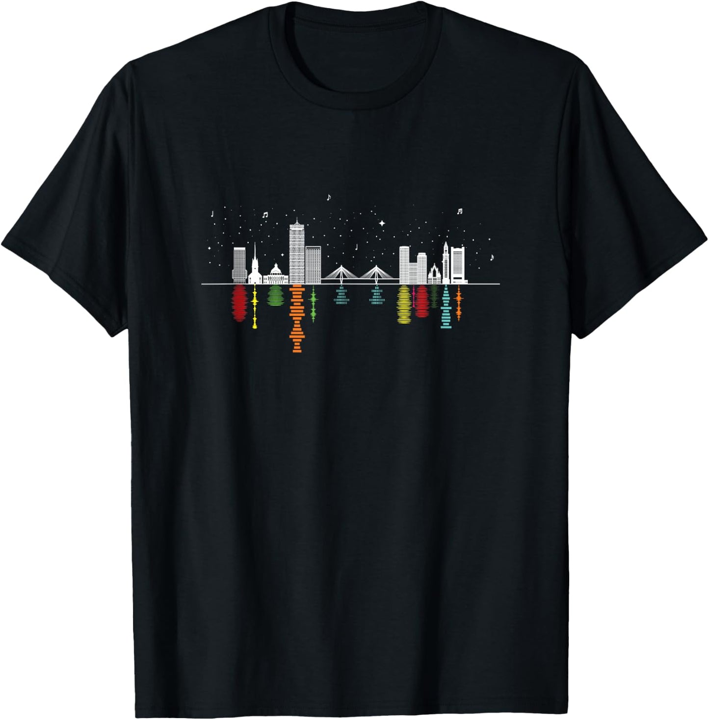 Boston Night Skyline with Music & Sound Wave Reflections T-Shirt - T-Shirt | Black