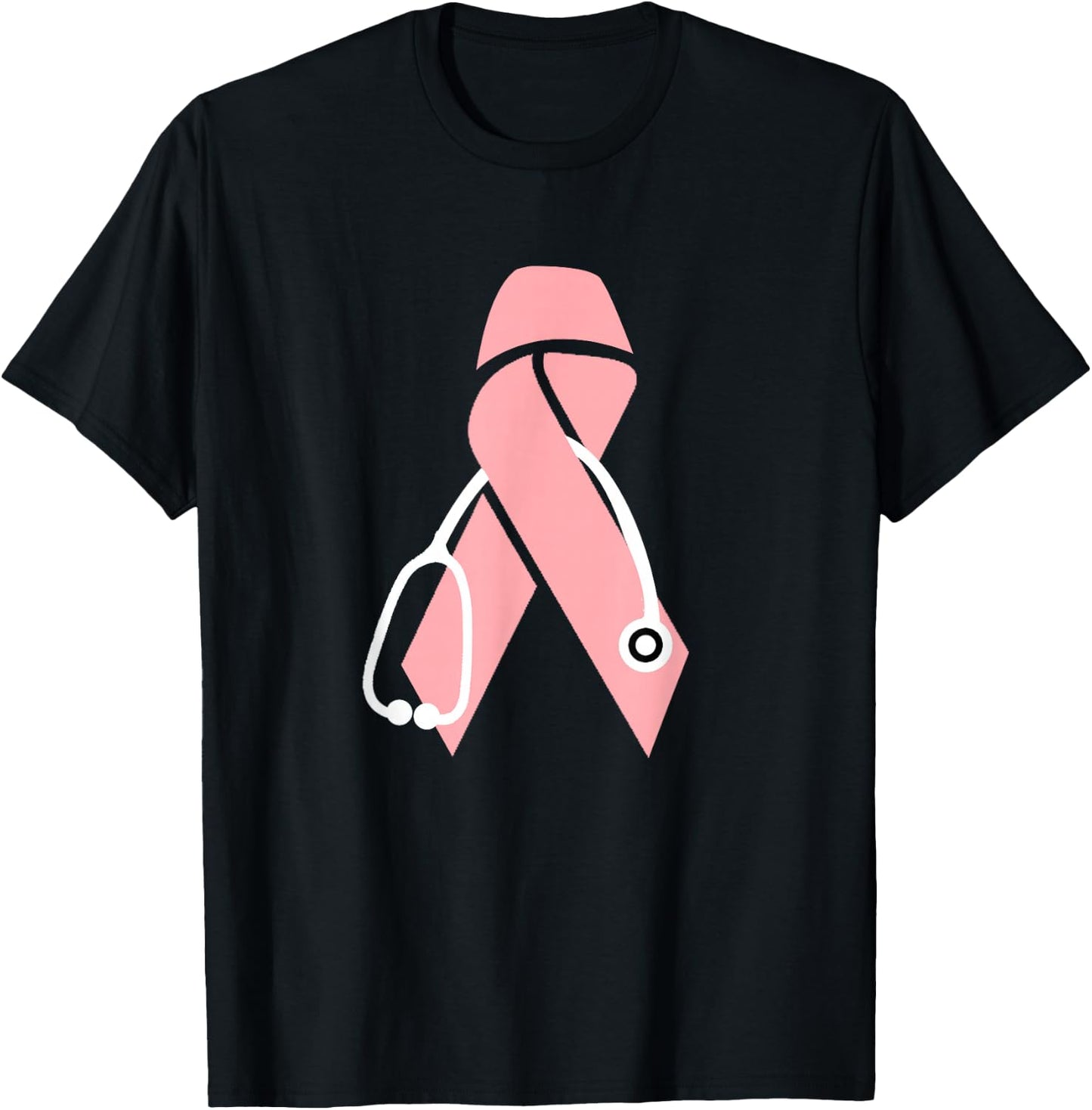 Breast Cancer Awareness Scrub Top Stethoscope Pink Ribbon T-Shirt - T-Shirt | Black