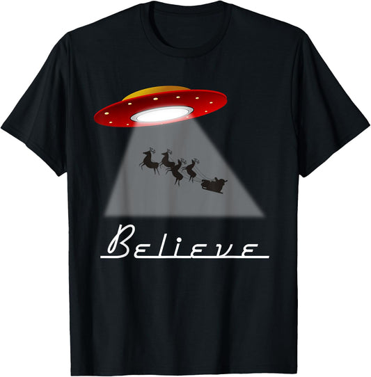 Funny Alien Christmas Shirt Believe UFO Santa Abduction Gift T-Shirt - T-Shirt | Black