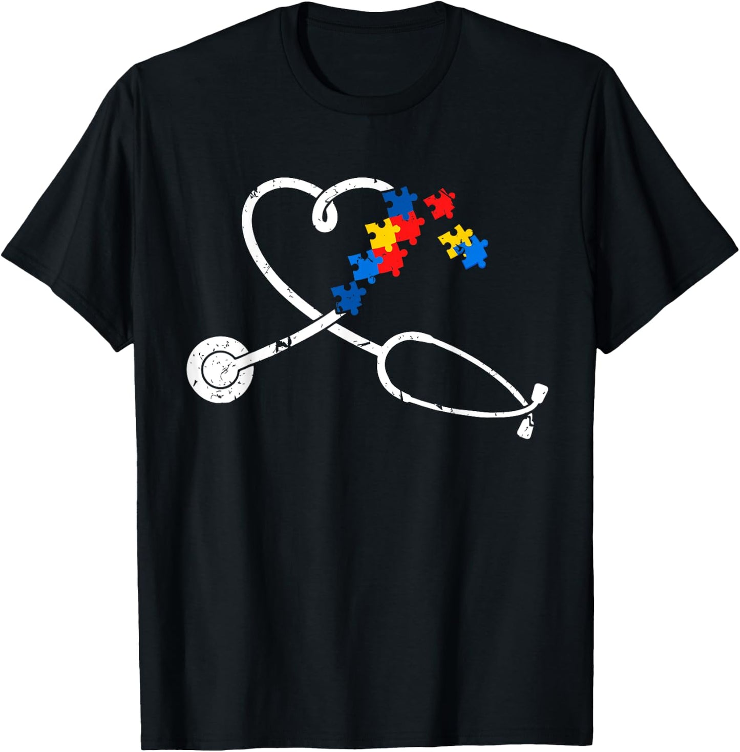Funny Nurse Autism Puzzle Stethoscope Heart T-Shirt - T-Shirt | Black