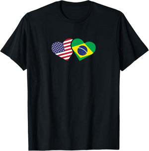 Brazil USA Flag T Shirt Heart Brazilian Americans Love Cute T-Shirt - T-Shirt | Black