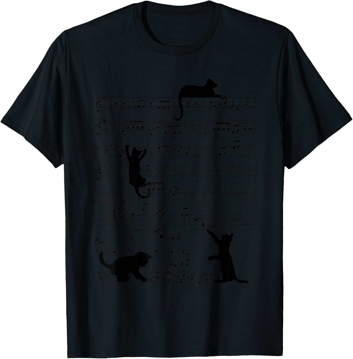 Cute Cat Kitty Playing Music Note Clef Musician Art T-Shirt - T-Shirt | Black
