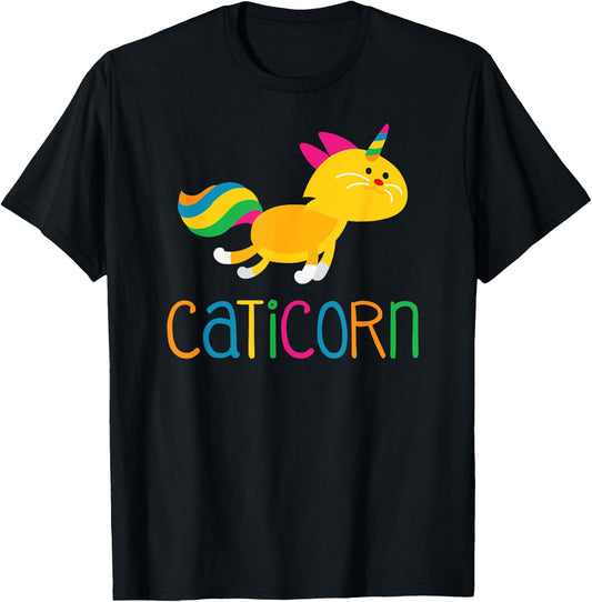 Caticorn Rainbow T shirt Meowgical Cat Unicorn Kittycorn Women Girls Kids T-Shirt - T-Shirt | Black