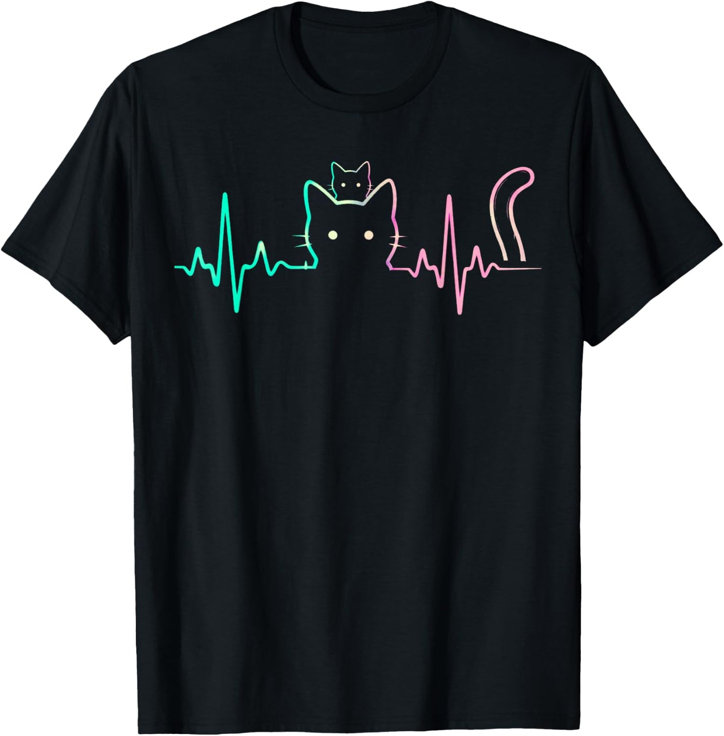 Cute Heartbeat Cat Lover Design Funny Feline Silhouette T-Shirt - T-Shirt | Black