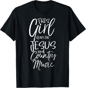 Christian Women's This Girl Runs on Jesus and Country Music T-Shirt - T-Shirt | Black