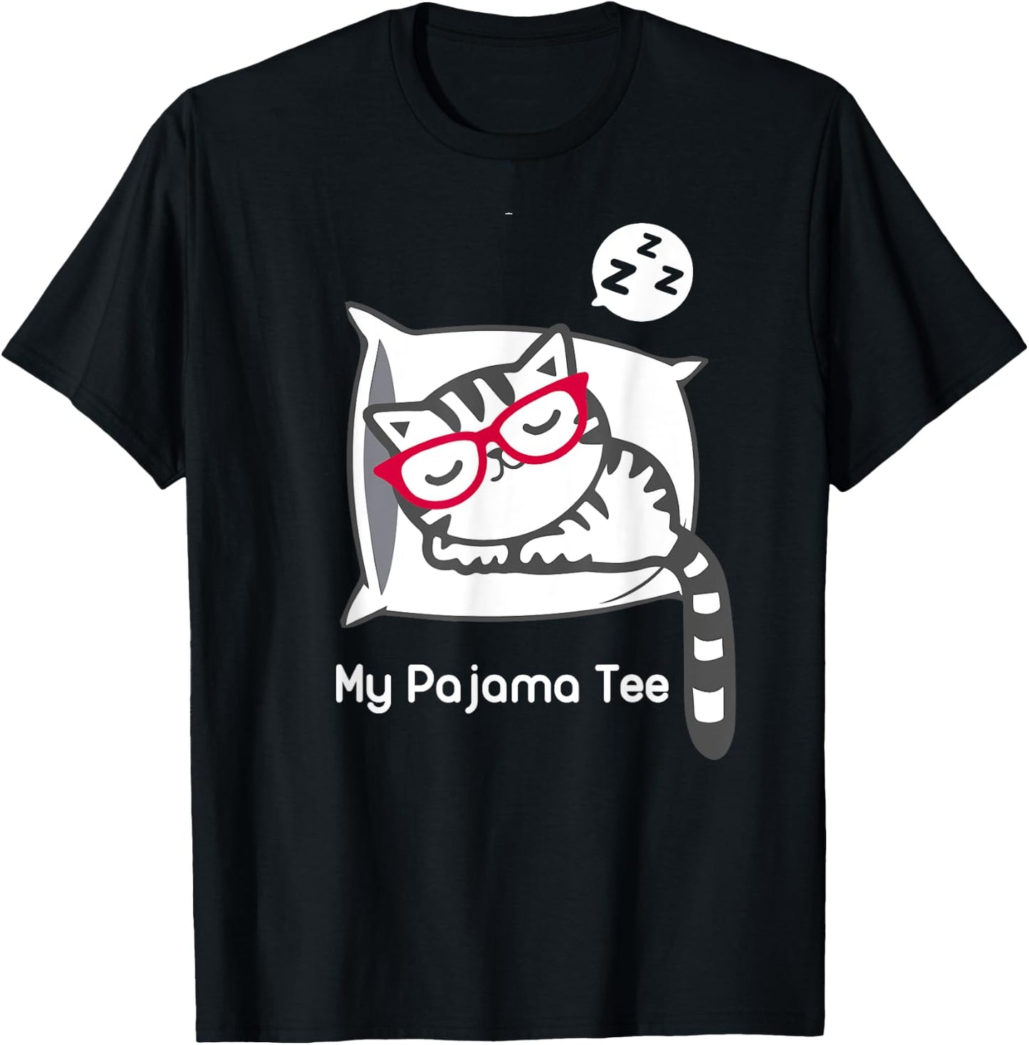 Cat Pajama Shirt Cute Sleeping Kitty with Glasses Pj T Shirt T-Shirt - T-Shirt | Black