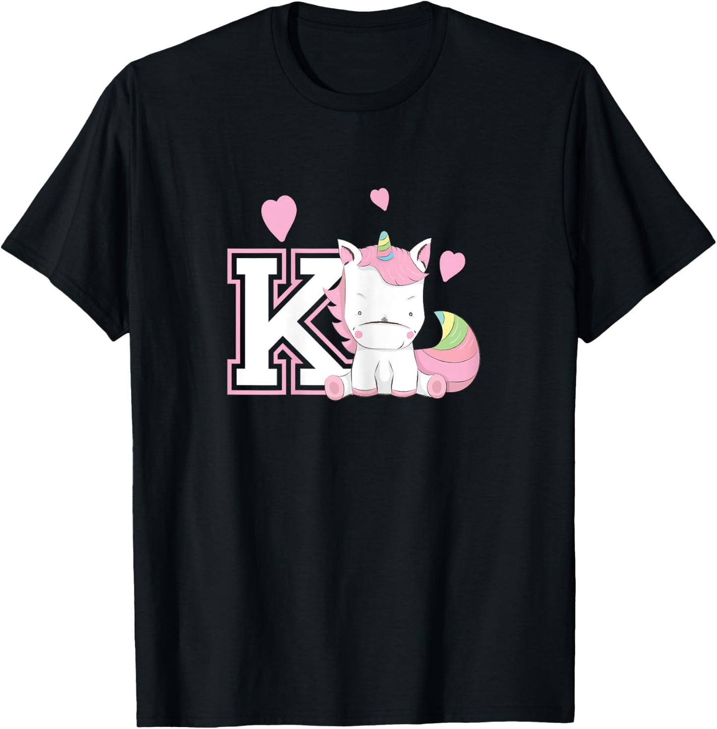 Letter K Monogram Girls Unicorn Gift T-Shirt - T-Shirt | Black