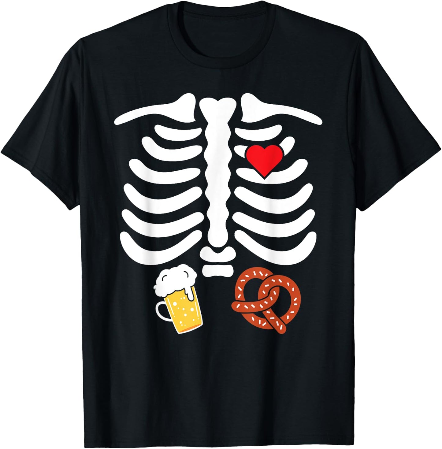 Halloween Skeleton Food Belly Beer Pretzel T Shirt T-Shirt - T-Shirt | Black