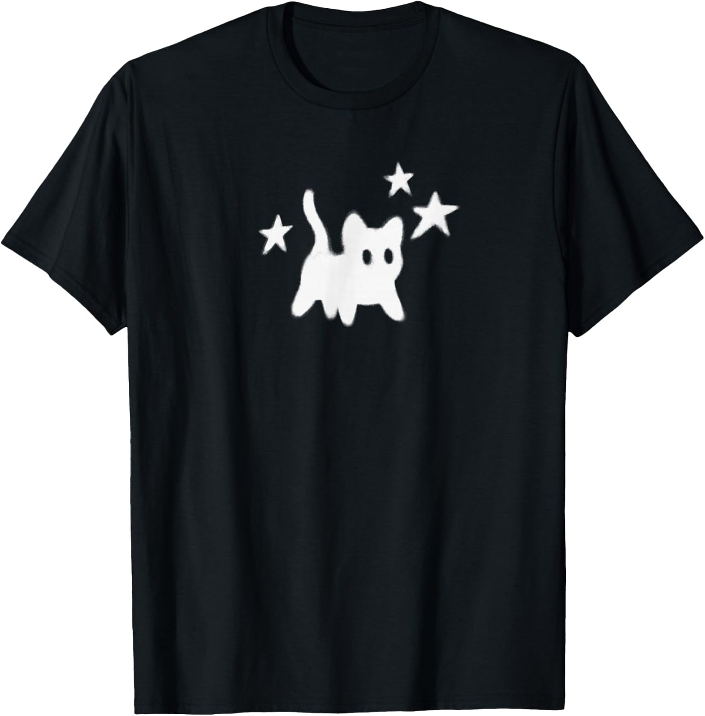 Y2K 90s Scary Tomcat Cat is Scared Under Starry T-Shirt - T-Shirt | Black