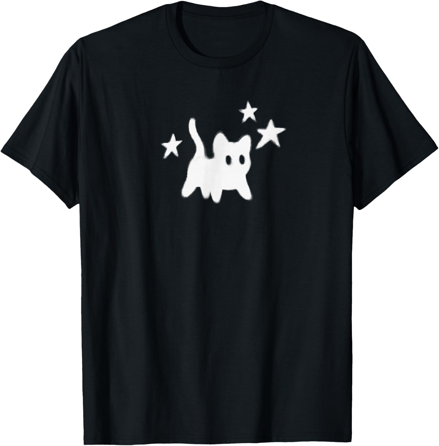 Y2K 90s Scary Tomcat Cat is Scared Under Starry T-Shirt - T-Shirt | Black