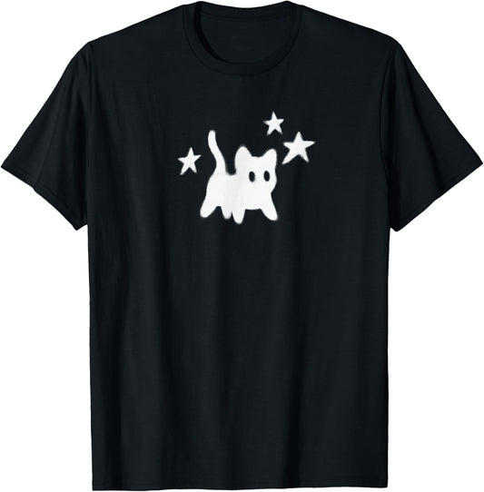 Y2K 90s Scary Tomcat Cat is Scared Under Starry T-Shirt - T-Shirt | Black
