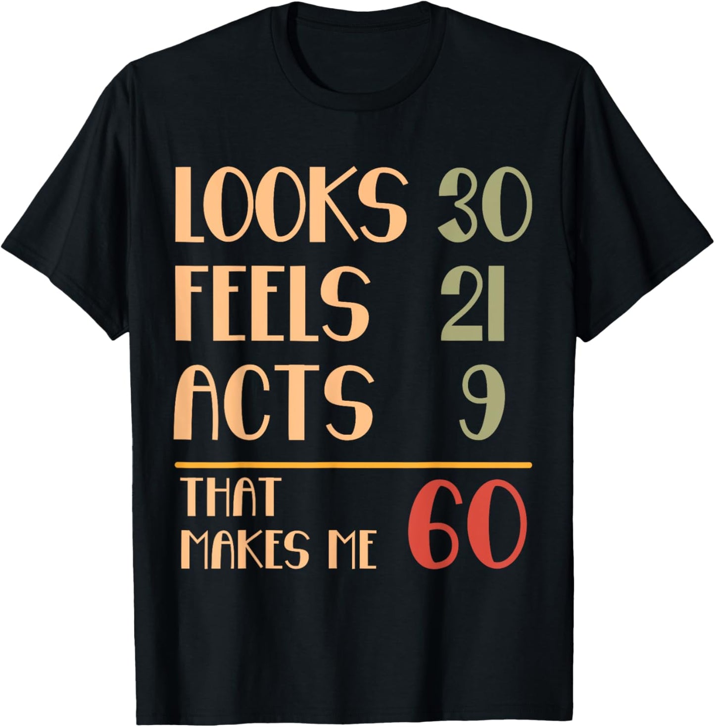 Funny 60th Birthday Humor Looks 30 Feels 21 Acts 9 Sixty T-Shirt - T-Shirt | Black