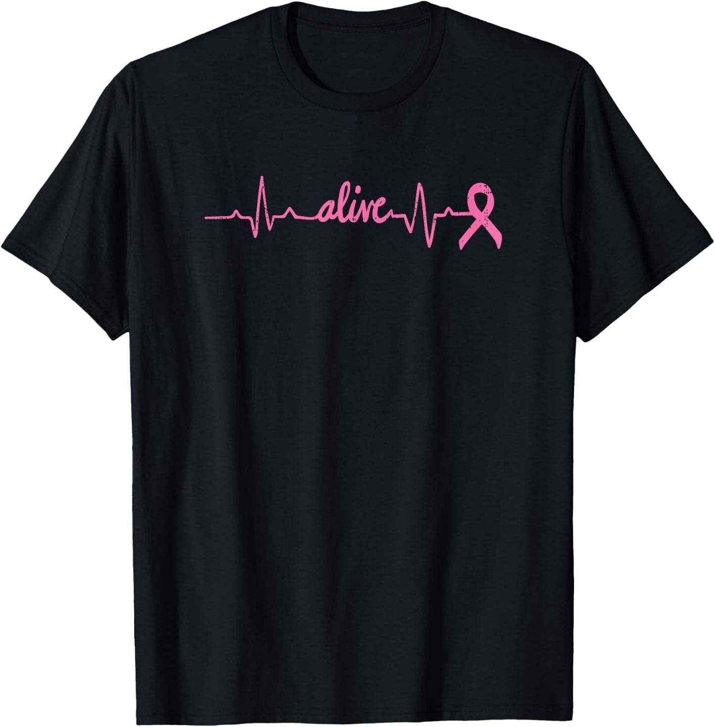 Alive Heartbeat Pink Ribbon Breast Cancer Awareness Gift T-Shirt - T-Shirt | Black