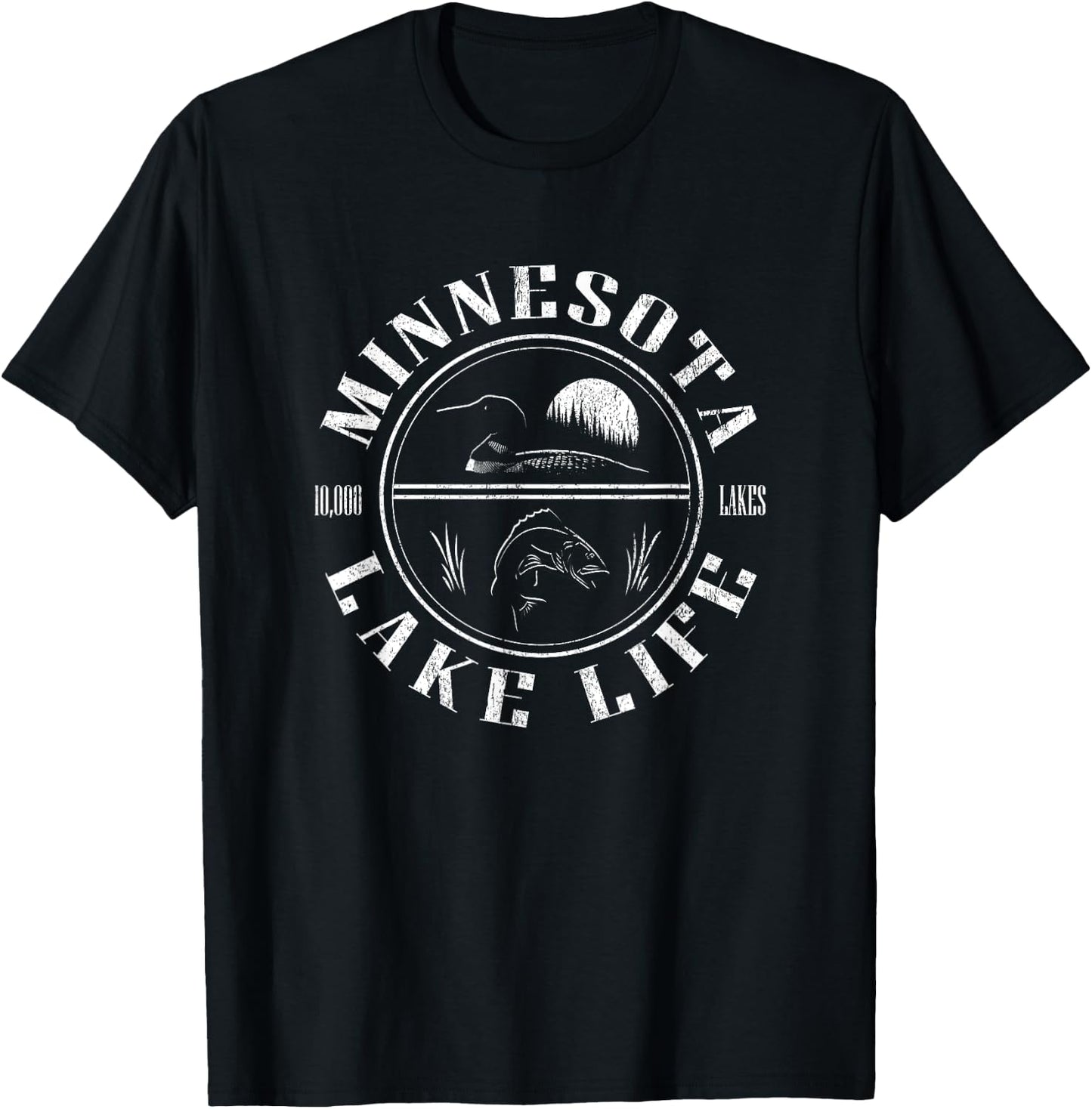 Minnesota Lake Life with Loon, Walleye, and Sunset T-Shirt - T-Shirt | Black
