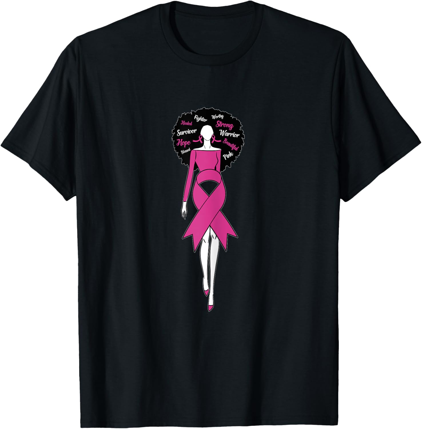 Afro Black Woman Pink Ribbon Dress Breast Cancer Awareness T-Shirt - T-Shirt | Black
