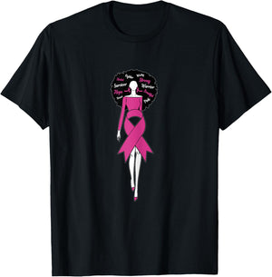 Afro Black Woman Pink Ribbon Dress Breast Cancer Awareness T-Shirt - T-Shirt | Black