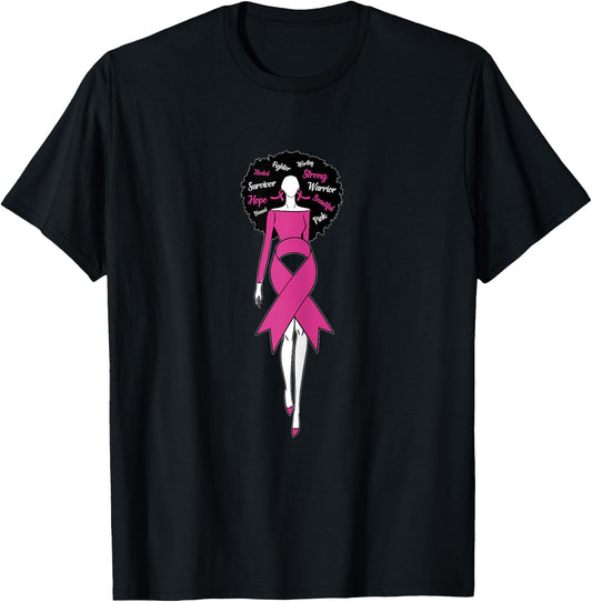 Afro Black Woman Pink Ribbon Dress Breast Cancer Awareness T-Shirt - T-Shirt | Black