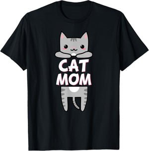 Cat Mom Kawaii Grey Tabby Kitty Cute Cat Men Women Kids T-Shirt - T-Shirt | Black