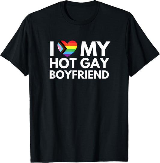 I Love Heart My Hot Gay Boyfriend Funny Y2K Gay Pride LGBTQ+ T-Shirt - T-Shirt | Black