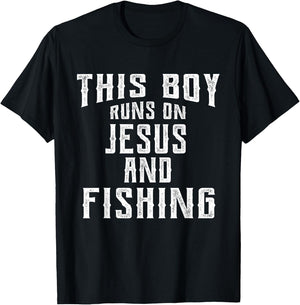 This Boy Runs On Jesus And Fishing T Shirt Christian Gift T-Shirt - T-Shirt | Black