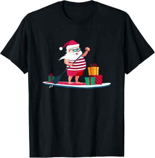 Christmas Paddle-boarding Santa in Swim Shorts Gift T-Shirt - T-Shirt | Black