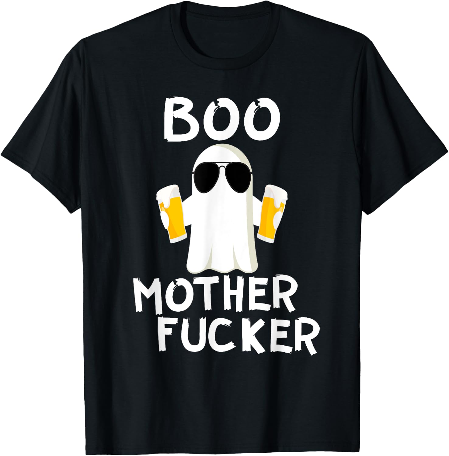 Boo MotherFucker Funny Beer Drinking Ghost Adult Halloween T-Shirt - T-Shirt | Black