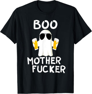 Boo MotherFucker Funny Beer Drinking Ghost Adult Halloween T-Shirt - T-Shirt | Black