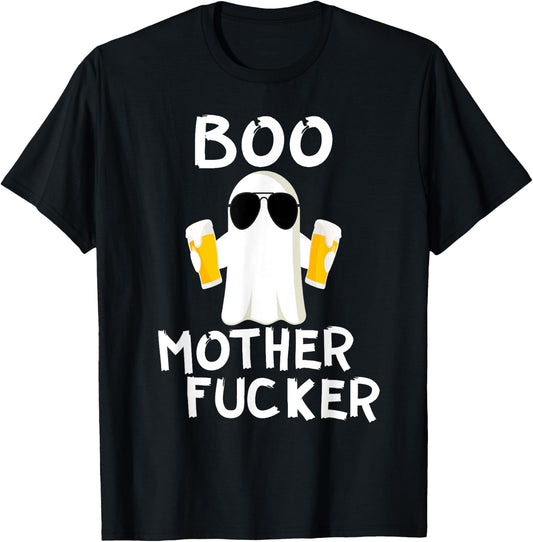 Boo MotherFucker Funny Beer Drinking Ghost Adult Halloween T-Shirt - T-Shirt | Black